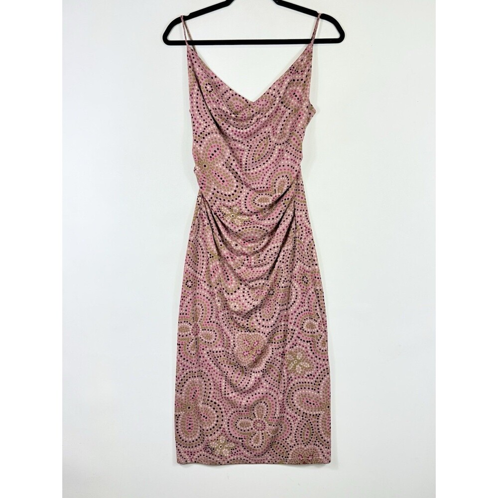 Ruby‎ Womens Large Mauve Polka Dot Bodycon Ruched Sleeveless Strappy Party Dress